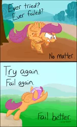 Size: 696x1148 | Tagged: safe, artist:input-command, banned from derpibooru, deleted from derpibooru, derpibooru import, scootaloo, comic, flying, helmet, scootaloo can fly, trying to fly