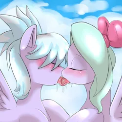 Size: 1000x1000 | Tagged: suggestive, artist:saurian, banned from derpibooru, deleted from derpibooru, derpibooru import, cloudchaser, flitter, pegasus, pony, blushing, bow, drool, eyes closed, female, french kiss, hair bow, incest, kissing, lesbian, pegacest, shipping, sloppy kissing, tongue out, tongue wrestling, twincest, twins