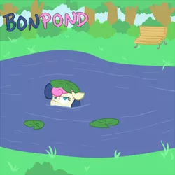 Size: 600x600 | Tagged: safe, artist:atlur, banned from derpibooru, deleted from derpibooru, derpibooru import, bon bon, sweetie drops, bonafied, bon bon is not amused, bonpun, pond, pun, solo, swimming, unamused