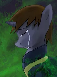 Size: 768x1024 | Tagged: safe, artist:acesential, banned from derpibooru, deleted from derpibooru, derpibooru import, oc, oc:littlepip, unofficial characters only, pony, unicorn, fallout equestria, fanfic, abstract background, clothes, crying, eyes closed, fanfic art, female, horn, mare, solo, vault suit