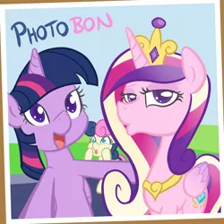 Size: 600x600 | Tagged: safe, artist:atlur, banned from derpibooru, deleted from derpibooru, derpibooru import, bon bon, princess cadance, sweetie drops, twilight sparkle, twilight sparkle (alicorn), alicorn, pony, :p, bedroom eyes, bonafied, bonpun, derp, duckface, female, looking at you, mare, open mouth, photobomb, pun, smiling, squishy cheeks, tongue out