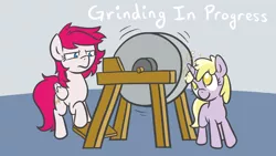 Size: 1600x900 | Tagged: safe, artist:atlur, banned from derpibooru, deleted from derpibooru, derpibooru import, dinky hooves, oc, oc:phoe, grinding, grindstone, horn sharpening, pun, sparks