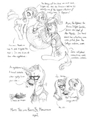 Size: 1200x1600 | Tagged: safe, artist:meto30, banned from derpibooru, deleted from derpibooru, derpibooru import, rarity, oc, oc:maelstrom, oc:minty tea, pony, unicorn, clothes, glasses, magic, monochrome, shirt, sweater