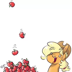 Size: 2000x2000 | Tagged: safe, artist:dilarus, banned from derpibooru, deleted from derpibooru, derpibooru import, applejack, pony, apple, apple rain, food, silly, silly pony, simple background, solo, that pony sure does love apples, who's a silly pony