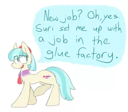 Size: 1603x1402 | Tagged: safe, artist:input-command, banned from derpibooru, deleted from derpibooru, derpibooru import, coco pommel, clueless, glue factory, solo, speech bubble, this will end in tears