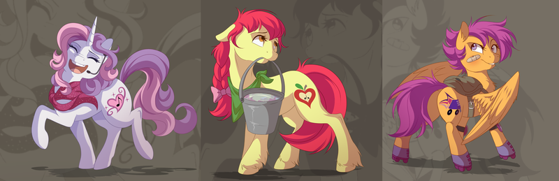 Size: 2797x905 | Tagged: safe, artist:dvixie, banned from derpibooru, deleted from derpibooru, derpibooru import, apple bloom, scootaloo, sweetie belle, earth pony, pegasus, pony, unicorn, alternate cutie mark, bandaid, braid, bucket, clothes, cutie mark, cutie mark crusaders, eyes closed, female, floppy ears, frown, grin, looking back, mare, messy mane, microphone, mouth hold, older, open mouth, raised eyebrow, raised hoof, raised leg, roller skates, saddle, scarf, singing, smiling, smirk, tack, unshorn fetlocks, zoom layer