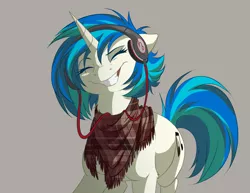 Size: 1074x830 | Tagged: safe, artist:dvixie, banned from derpibooru, deleted from derpibooru, derpibooru import, vinyl scratch, pony, unicorn, chest fluff, cute, eyes closed, female, gray background, happy, headphones, keffiyeh, leg fluff, mare, simple background, smiling, solo, vinylbetes