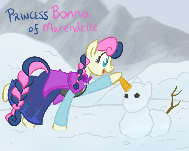 Size: 750x600 | Tagged: safe, artist:atlur, banned from derpibooru, deleted from derpibooru, derpibooru import, bon bon, sweetie drops, anna, bonafied, bonpun, clothes, frozen (movie), olaf, pun, snowpony