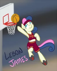 Size: 560x700 | Tagged: safe, artist:atlur, banned from derpibooru, deleted from derpibooru, derpibooru import, bon bon, sweetie drops, basketball, bonafied, bonpun, cleveland cavaliers, clothes, lebron james, midriff, nba, pun, solo, sports, sweatband, tanktop