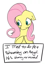 Size: 967x1381 | Tagged: safe, artist:sand-filled-scarecrow, banned from derpibooru, deleted from derpibooru, derpibooru import, angel bunny, fluttershy, backfire, fail, pony shaming, shaming, solo
