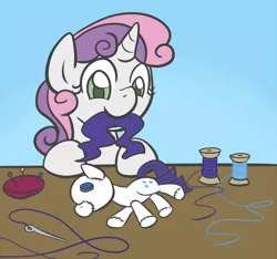 Size: 800x748 | Tagged: safe, artist:atlur, banned from derpibooru, deleted from derpibooru, derpibooru import, rarity, sweetie belle, plushie, sewing