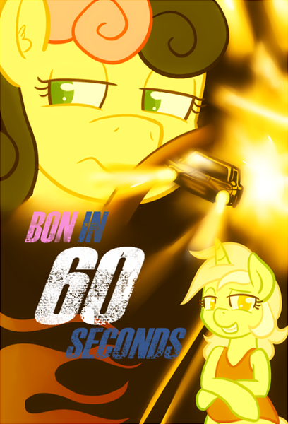 Size: 442x650 | Tagged: safe, artist:atlur, banned from derpibooru, deleted from derpibooru, derpibooru import, bon bon, lyra heartstrings, sweetie drops, bonafied, bonpun, gone in 60 seconds, pun