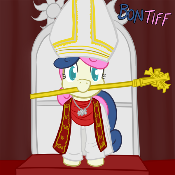 Size: 650x650 | Tagged: safe, artist:atlur, banned from derpibooru, deleted from derpibooru, derpibooru import, bon bon, sweetie drops, bonafied, bonpun, catholicism, christianity, cross, mouth hold, pontiff, pope, popess, pun, solo