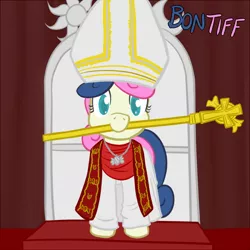 Size: 650x650 | Tagged: safe, artist:atlur, banned from derpibooru, deleted from derpibooru, derpibooru import, bon bon, sweetie drops, bonafied, bonpun, catholicism, christianity, cross, mouth hold, pontiff, pope, popess, pun, solo