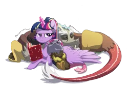 Size: 1280x897 | Tagged: safe, artist:lopoddity, banned from derpibooru, deleted from derpibooru, derpibooru import, discord, twilight sparkle, twilight sparkle (alicorn), oc, oc:pandora, alicorn, draconequus, hybrid, pony, pandoraverse, alternate hairstyle, annoyed, behaving like a cat, book, cuddling, discolight, draconequus oc, family, female, frown, grumpy, interspecies offspring, magic, male, mama twilight, mare, next generation, offspring, older, parent:discord, parent:twilight sparkle, parents:discolight, prone, purring, shipping, simple background, sleeping, smiling, snuggling, spread wings, straight, transparent background, unamused, wings