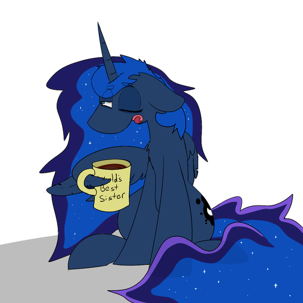 Size: 1000x1000 | Tagged: safe, artist:input-command, banned from derpibooru, deleted from derpibooru, derpibooru import, princess luna, coffee, messy mane, morning ponies, mug, one eye closed, sitting, sleepy, solo, wing hands, wings, wink, yawn