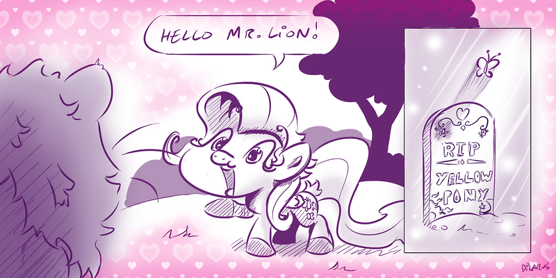 Size: 1280x640 | Tagged: safe, artist:dilarus, banned from derpibooru, deleted from derpibooru, derpibooru import, fluttershy, big cat, lion, pegasus, pony, meet-the-pones, dark comedy, female, gravestone, implied death, mare, reality ensues, too dumb to live, tree