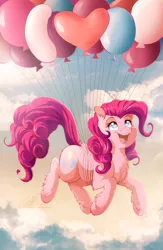 Size: 1000x1538 | Tagged: safe, artist:dvixie, banned from derpibooru, deleted from derpibooru, derpibooru import, pinkie pie, earth pony, pony, balloon, chest fluff, cloud, cute, diapinkes, ear fluff, female, floating, fluffy, mare, open mouth, sky, solo, then watch her balloons lift her up to the sky, unshorn fetlocks