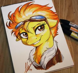 Size: 1400x1303 | Tagged: safe, artist:dvixie, banned from derpibooru, deleted from derpibooru, derpibooru import, spitfire, pony, bust, chest fluff, clothes, female, goggles, jacket, mare, markers, photo, portrait, smiling, solo, traditional art