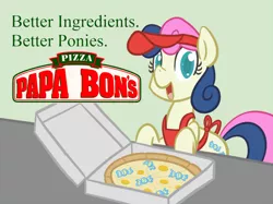 Size: 750x562 | Tagged: safe, artist:atlur, banned from derpibooru, deleted from derpibooru, derpibooru import, bon bon, sweetie drops, bonafied, bonpun, food, papa john's, pizza, pun, solo