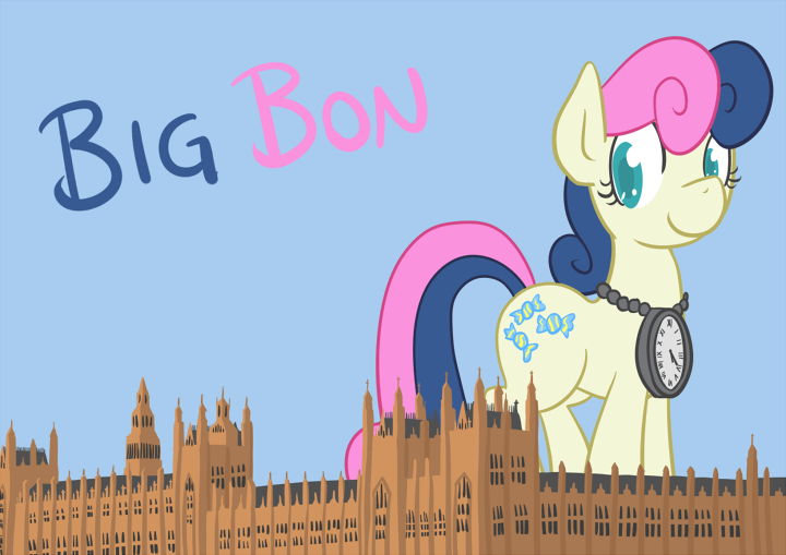 Size: 720x509 | Tagged: safe, artist:atlur, banned from derpibooru, deleted from derpibooru, derpibooru import, bon bon, sweetie drops, pony, big ben, big bon, bonafied, bonpun, female, giant pony, giant/macro earth pony, giantess, macro, my biggest pony, pun, solo