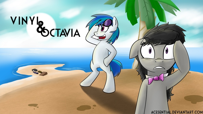 Size: 1920x1080 | Tagged: safe, artist:acesential, banned from derpibooru, deleted from derpibooru, derpibooru import, octavia melody, vinyl scratch, earth pony, pony, unicorn, a tropical octav3, bipedal, island, ocean, palm tree, sand, tree