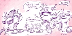 Size: 2400x1200 | Tagged: safe, artist:dilarus, banned from derpibooru, deleted from derpibooru, derpibooru import, princess cadance, rarity, shining armor, meet-the-pones, cup, drool, eyes closed, floppy ears, food, magic, open mouth, rohypnol, smiling, tea, teacup, teapot, telekinesis, wide eyes