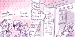 Size: 4000x2000 | Tagged: suggestive, artist:dilarus, banned from derpibooru, deleted from derpibooru, derpibooru import, apple bloom, scootaloo, sweetie belle, meet-the-pones, cutie mark crusaders, cutie mark crusading, dialogue, sign, sketch, strip club