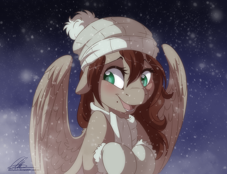 Size: 1027x790 | Tagged: safe, artist:dvixie, banned from derpibooru, deleted from derpibooru, derpibooru import, oc, oc:reina, unofficial characters only, pegasus, pony, blushing, clothes, cute, hat, mittens, scarf, snow, snowfall, solo, spread wings, wings, winter