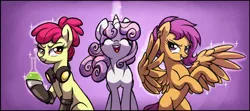 Size: 1024x454 | Tagged: safe, artist:lopoddity, banned from derpibooru, deleted from derpibooru, derpibooru import, apple bloom, scootaloo, sweetie belle, earth pony, pegasus, pony, unicorn, pandoraverse, alternate hairstyle, cropped, cutie mark crusaders, ear piercing, earring, earth pony magic, engineer, eyes closed, female, flask, goggles, jewelry, magic, older, older apple bloom, older cmc, older scootaloo, older sweetie belle, open mouth, pegasus magic, piercing, potion, rearing, smiling, smirk, sparkles, spread wings, teenager, wings