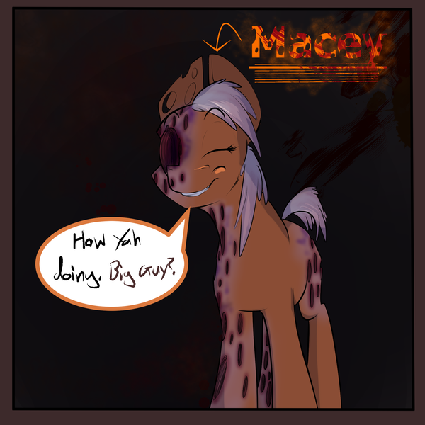 Size: 2000x2000 | Tagged: grimdark, artist:sand-filled-scarecrow, banned from derpibooru, deleted from derpibooru, derpibooru import, oc, oc:macey, unofficial characters only, blood, comic, dialogue, solo, title card, trypophobia