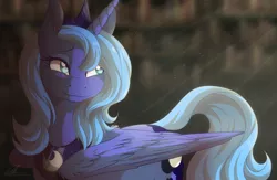 Size: 3028x1969 | Tagged: safe, artist:dvixie, banned from derpibooru, deleted from derpibooru, derpibooru import, princess luna, alicorn, pony, cute, dust motes, female, light, looking back, lunabetes, mare, pretty, s1 luna, smiling, solo