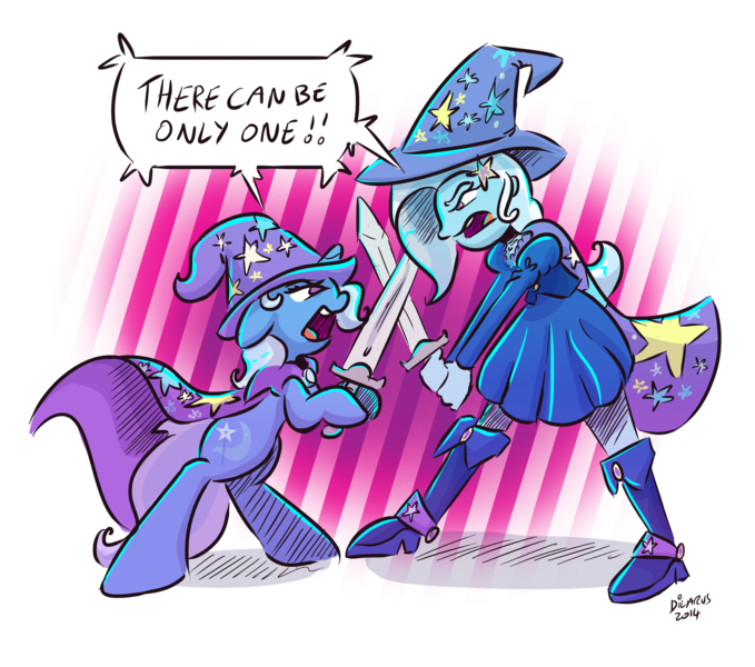 Size: 4000x3534 | Tagged: safe, artist:dilarus, banned from derpibooru, deleted from derpibooru, derpibooru import, trixie, pony, unicorn, equestria girls, absurd resolution, angry, cape, clothes, duo, duo female, female, fight, hat, highlander, hoof hold, human ponidox, self paradox, self ponidox, simple background, speech bubble, sword, sword fight, there can be only one, transparent background, trixie's cape, trixie's hat, weapon