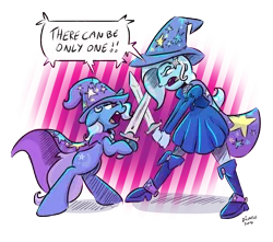 Size: 4000x3534 | Tagged: safe, artist:dilarus, banned from derpibooru, deleted from derpibooru, derpibooru import, trixie, pony, unicorn, equestria girls, absurd resolution, angry, cape, clothes, duo, duo female, female, fight, hat, highlander, hoof hold, human ponidox, self paradox, self ponidox, simple background, speech bubble, sword, sword fight, there can be only one, transparent background, trixie's cape, trixie's hat, weapon