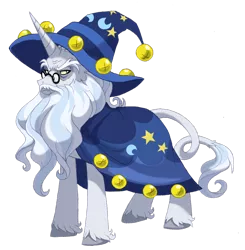 Size: 1024x1044 | Tagged: safe, artist:lopoddity, banned from derpibooru, deleted from derpibooru, derpibooru import, star swirl the bearded, classical unicorn, unicorn, beard, bells, cloven hooves, facial hair, glasses, hat, leonine tail, solo, unshorn fetlocks, wizard hat