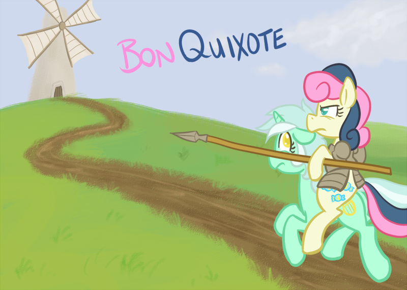 Size: 800x571 | Tagged: safe, artist:atlur, banned from derpibooru, deleted from derpibooru, derpibooru import, bon bon, lyra heartstrings, sweetie drops, pony, armor, bon bon is not amused, bonafied, bonpun, don quixote, ponies riding ponies, pun, riding, spear, this will end in pain, unamused, weapon, windmill