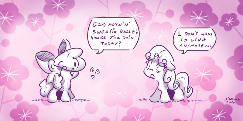 Size: 4000x2000 | Tagged: semi-grimdark, artist:dilarus, banned from derpibooru, deleted from derpibooru, derpibooru import, apple bloom, sweetie belle, meet-the-pones, context is for the weak, dark comedy, floppy ears, happy, speech bubble