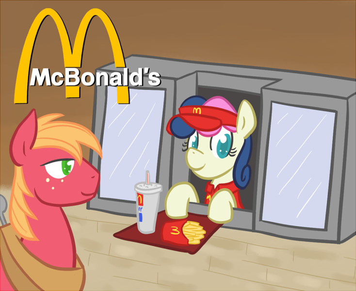 Size: 734x600 | Tagged: safe, artist:atlur, banned from derpibooru, deleted from derpibooru, derpibooru import, big macintosh, bon bon, sweetie drops, earth pony, pony, bonafied, bonpun, male, mcdonald's, pun, stallion