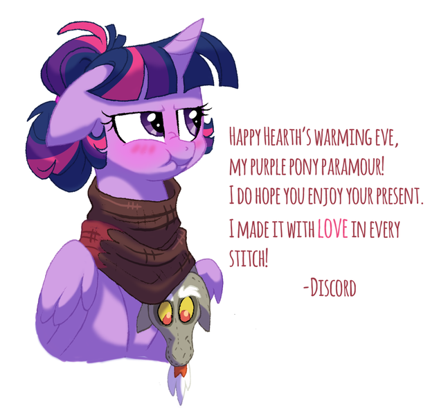 Size: 1280x1236 | Tagged: safe, artist:lopoddity, banned from derpibooru, deleted from derpibooru, derpibooru import, discord, twilight sparkle, twilight sparkle (alicorn), alicorn, pony, pandoraverse, alternate hairstyle, angry, blushing, clothes, cute, discolight, embarrassed, female, grumpy, hearth's warming eve, male, mare, nose wrinkle, plushie, princess tsunlight, scarf, scrunchy face, shipping, straight, tsundere, tsunlight sparkle