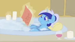 Size: 800x450 | Tagged: safe, artist:atlur, banned from derpibooru, deleted from derpibooru, derpibooru import, minuette, alcohol, alternate hairstyle, bath, book, candle, pillow, ponytail, wine