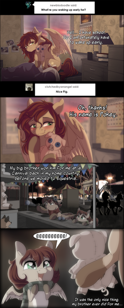 Size: 1000x2478 | Tagged: safe, artist:dvixie, banned from derpibooru, deleted from derpibooru, derpibooru import, oc, oc:reina, unofficial characters only, ask reina pony, calendar, carnival, comic, plushie, solo, tumblr, younger