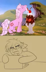 Size: 857x1323 | Tagged: safe, artist:dvixie, banned from derpibooru, deleted from derpibooru, derpibooru import, edit, edited screencap, screencap, lickety split, oc, oc:joen klausen, my little pony 'n friends, computer, food, g1, ice cream, laptop computer