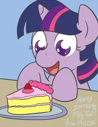 Size: 616x800 | Tagged: safe, artist:atlur, banned from derpibooru, deleted from derpibooru, derpibooru import, twilight sparkle, pony, cake, cute, eyes on the prize, female, filly, food, happy, open mouth, smiling, solo, younger