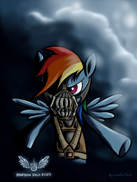 Size: 1777x2350 | Tagged: safe, artist:southparktaoist, banned from derpibooru, deleted from derpibooru, derpibooru import, rainbow dash, bane, crossover, the dark knight rises