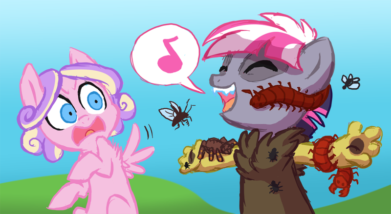 Size: 1280x702 | Tagged: safe, artist:lopoddity, banned from derpibooru, deleted from derpibooru, derpibooru import, princess skyla, oc, oc:pandora, centipede, draconequus, hybrid, insect, pegasus, pony, spider, tarantula, ask pandora, pandoraverse, cousins, creepy crawlies, disgusted, draconequus oc, female, filly, interspecies offspring, next generation, offspring, parent:discord, parent:princess cadance, parent:shining armor, parent:twilight sparkle, parents:discolight, parents:shiningcadance, pictogram, scared, singing, terrified