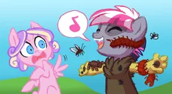 Size: 1280x702 | Tagged: safe, artist:lopoddity, banned from derpibooru, deleted from derpibooru, derpibooru import, princess skyla, oc, oc:pandora, centipede, draconequus, hybrid, insect, pegasus, pony, spider, tarantula, ask pandora, pandoraverse, cousins, creepy crawlies, disgusted, draconequus oc, female, filly, interspecies offspring, next generation, offspring, parent:discord, parent:princess cadance, parent:shining armor, parent:twilight sparkle, parents:discolight, parents:shiningcadance, pictogram, scared, singing, terrified