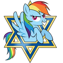 Size: 600x600 | Tagged: safe, artist:southparktaoist, banned from derpibooru, deleted from derpibooru, derpibooru import, rainbow dash, pegasus, pony, duckery in the description, female, grin, israel, judaism, looking at you, mare, religion, simple background, smiling, solo, spread wings, star of david, transparent background, wings