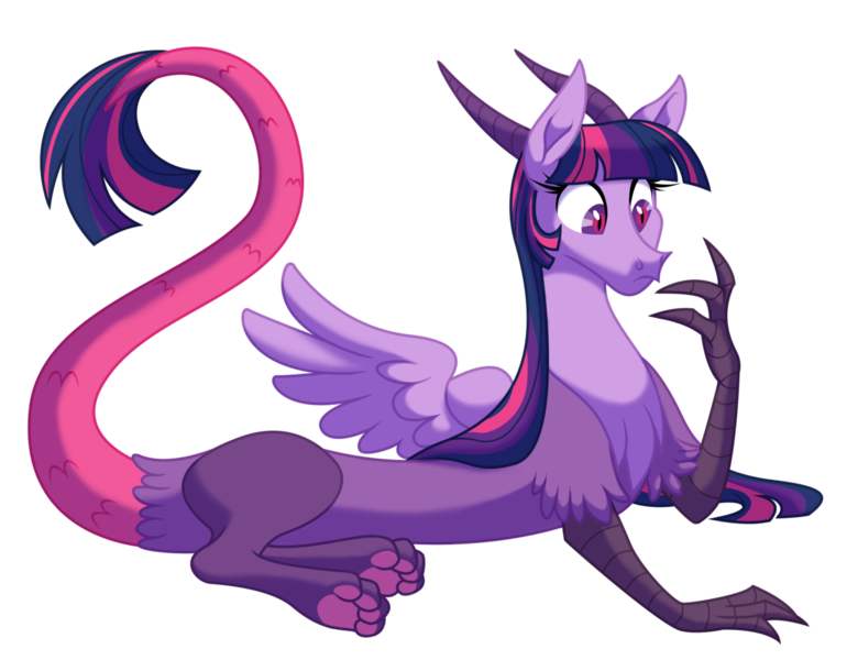 Size: 1280x997 | Tagged: safe, artist:lopoddity, banned from derpibooru, deleted from derpibooru, derpibooru import, twilight sparkle, alicorn, draconequus, pandoraverse, draconequified, frown, paws, prone, simple background, solo, species swap, spread wings, transparent background, twikonequus, twilight sparkle (alicorn), wide eyes, wings