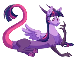 Size: 1280x997 | Tagged: safe, artist:lopoddity, banned from derpibooru, deleted from derpibooru, derpibooru import, twilight sparkle, alicorn, draconequus, pandoraverse, draconequified, frown, paws, prone, simple background, solo, species swap, spread wings, transparent background, twikonequus, twilight sparkle (alicorn), wide eyes, wings