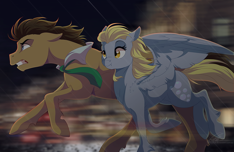 Size: 1000x650 | Tagged: safe, artist:dvixie, banned from derpibooru, deleted from derpibooru, derpibooru import, derpy hooves, doctor whooves, time turner, pegasus, pony, female, mare, rain, running, scrunchy face